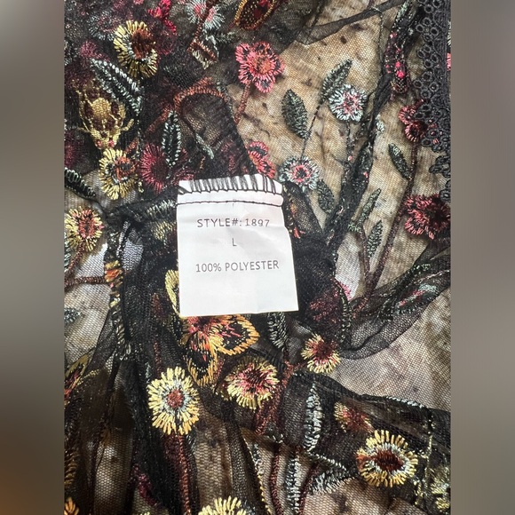 Vivid Floral Embroidered Black Mesh Swim Cover Up/Kimono w/ Lace Trim Large - Picture 5 of 6